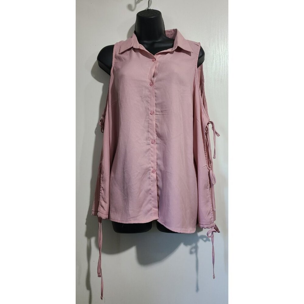 Fashion Nova Lizbeth Button Down Cold Shoulder Blouse Pink Size L NWT